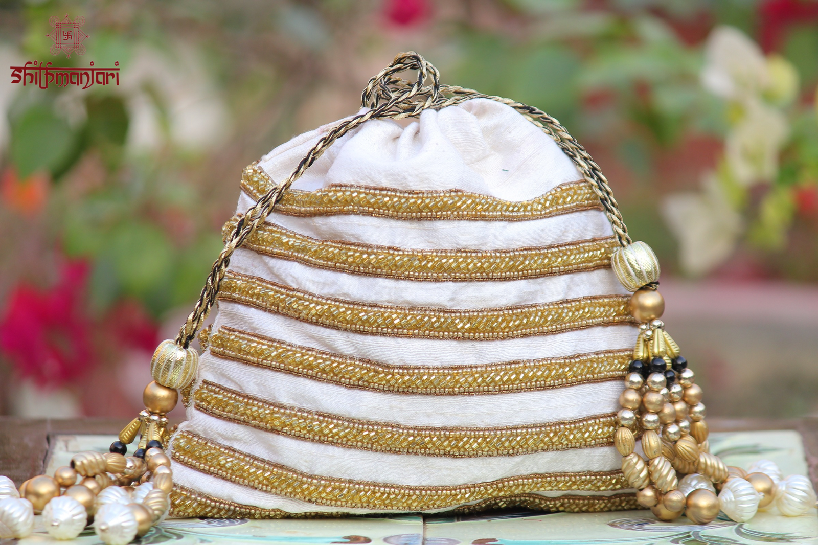 Elegant Cream Fabric Potli with Antique Gold Embroidery & Pearl Bead Work (Luxury Ethnic Bag) - Image 4