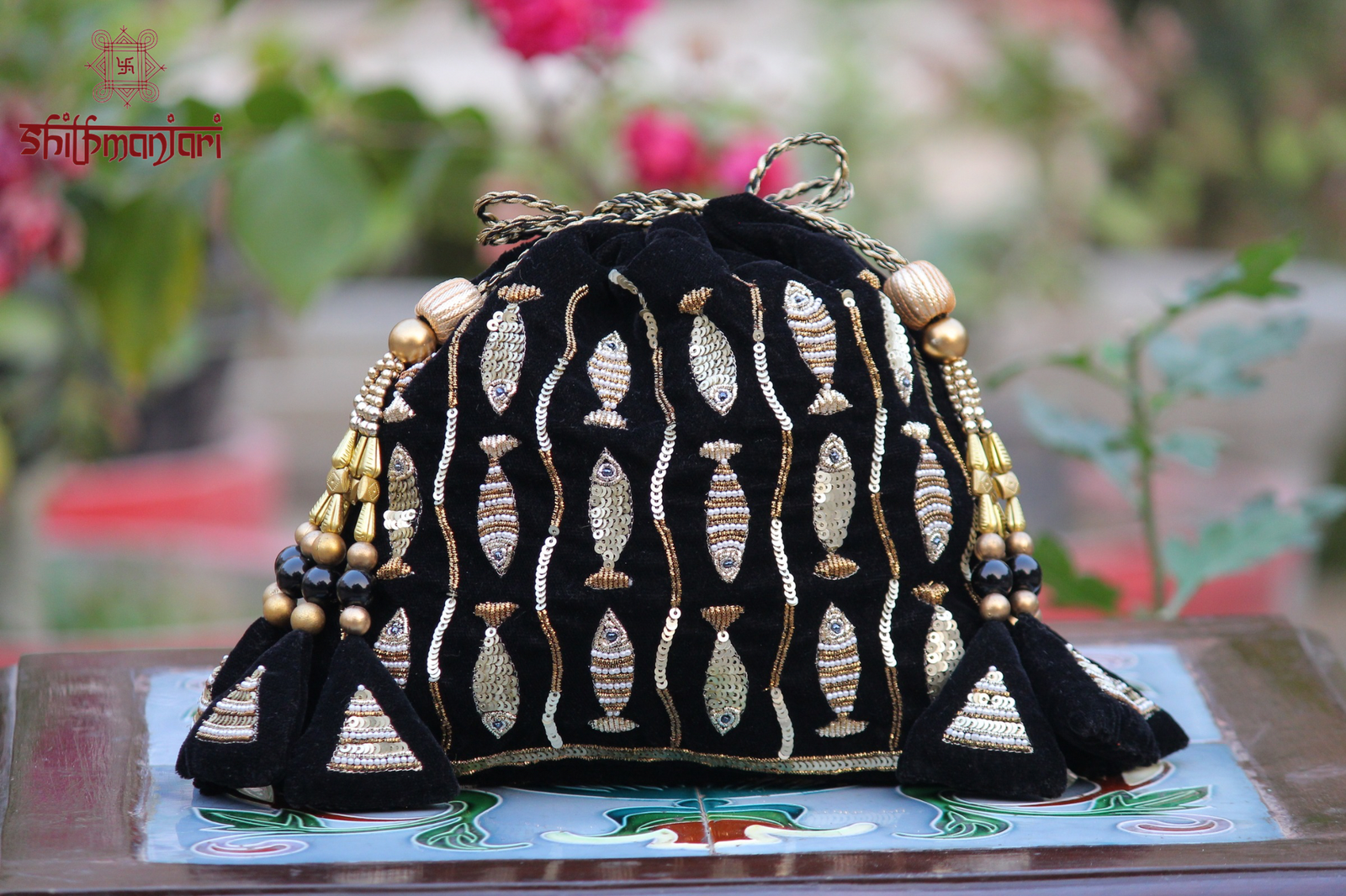 Luxury Black Velvet Deer Embroidered Potli Bag with Zari & Bead Tassel Work (Designer Ethnic Clutch)