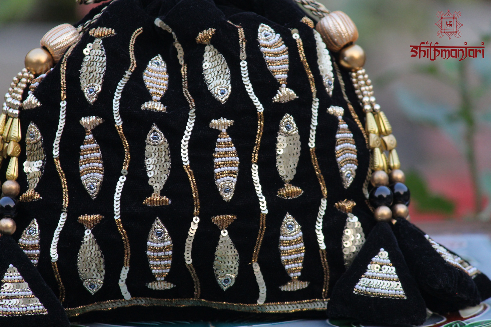 Luxury Black Velvet Deer Embroidered Potli Bag with Zari & Bead Tassel Work (Designer Ethnic Clutch) - Image 3