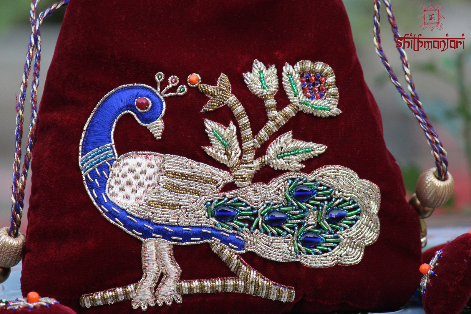 Royal Maroon Velvet Peacock Embroidered Potli Bag with Zari & Bead Work (Designer Ethnic Clutch) - Image 3
