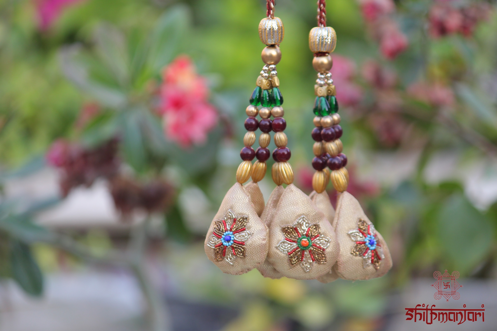 Royal Beige & Maroon Velvet Potli Bag with Intricate Zari Floral Embroidery & Multicolor Bead Tassel Detailing (Luxury Ethnic Clutch) - Image 5
