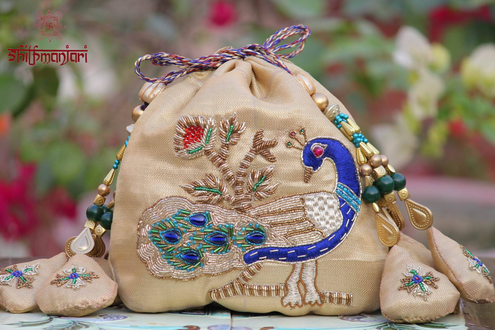 Elegant Peacock Art Silk Potli Bag with Premium Zari & Beaded Embellishments (Designer Ethnic Clutch)