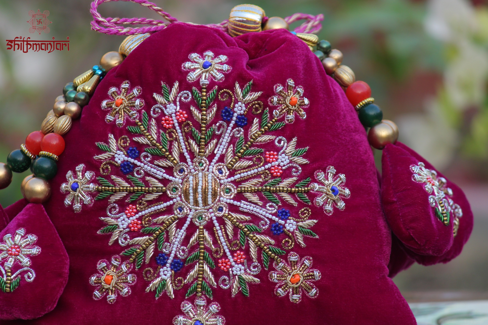 Royal Fuchsia Velvet Potli Bag with Intricate Zari Embroidery & Multicolor Bead Detailing (Luxury Ethnic Clutch) - Image 3