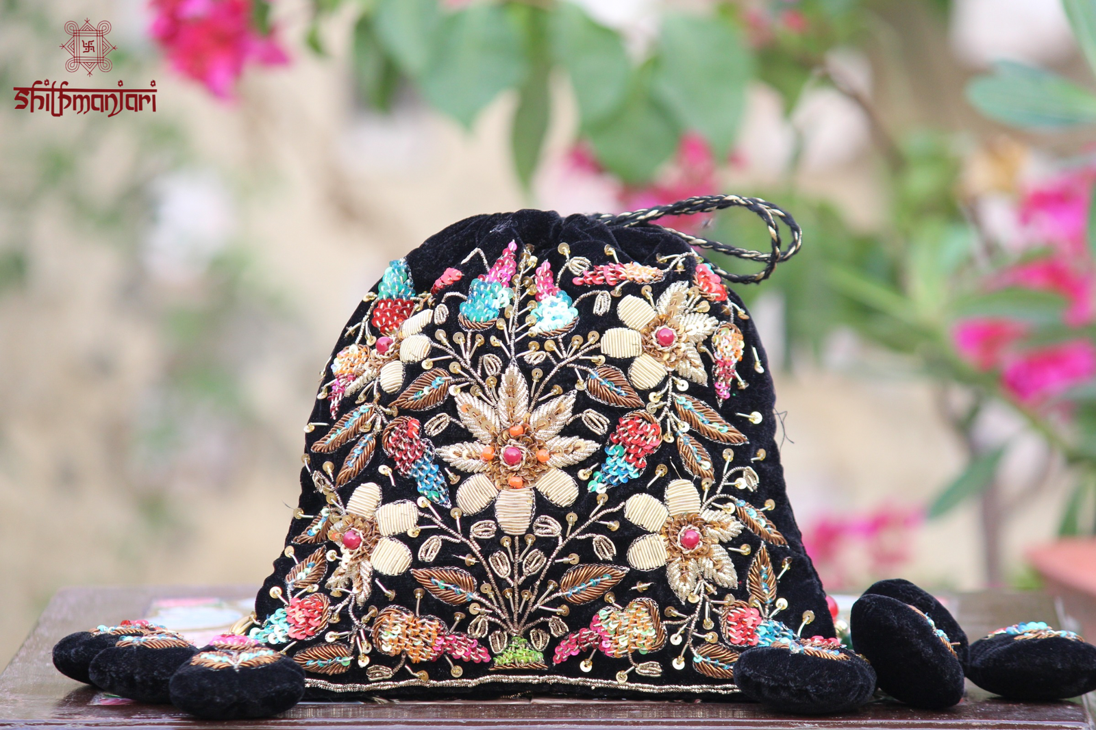 Royal Black Velvet Potli Bag with Intricate Zari Floral Embroidery & Multicolor Sequin and Bead Detailing (Luxury Ethnic Clutch) - Image 4